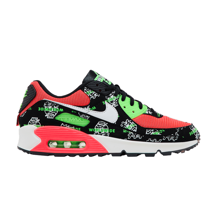 Nike Wmns Air Max 90 SE 'Worldwide - Black Katakana Logo' — Black/White/Green Strike/Flash Crimson