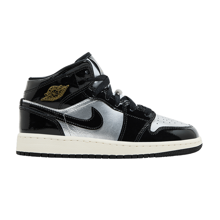 Air Jordan 1 Mid SE GS 'Black Metallic Silver' — Black/Metallic Gold/Metallic Silver/Sail/Pure Platinum