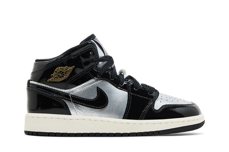 Air Jordan 1 Mid SE GS 'Black Metallic Silver' — Black/Metallic Gold/Metallic Silver/Sail/Pure Platinum