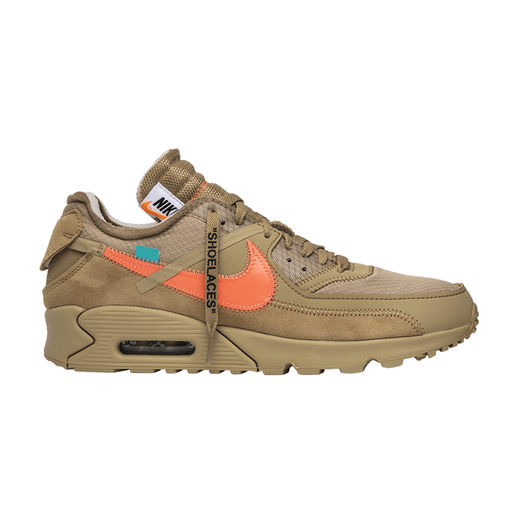 Off-White x Nike Air Max 90 'Desert Ore' — Desert Ore/Desert Ore/Hyper Jade/Bright Mango