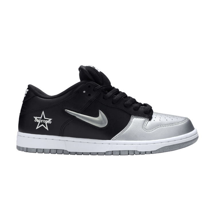 Supreme x Nike Dunk SB Low QS 'Metallic Silver' — Metallic Silver/Metallic Silver/Black
