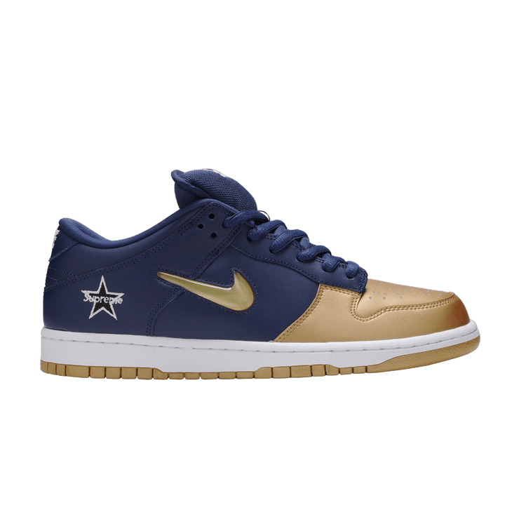 Supreme x Nike Dunk SB Low QS 'Metallic Gold' — Metallic Gold/Metallic Gold/Navy/White