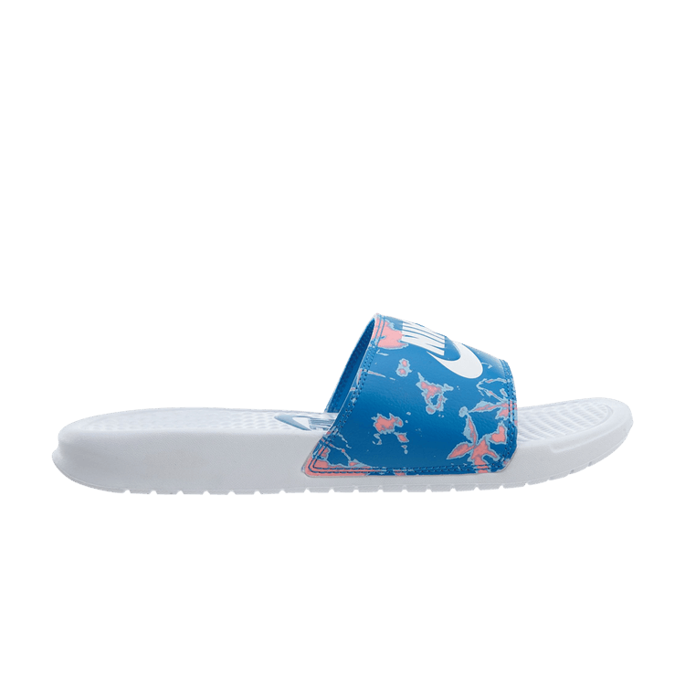 Nike Wmns Benassi JDI Print Slide 'Coral Nebula Blue Camo' — White/White/Coral Chalk/Nebula Blue
