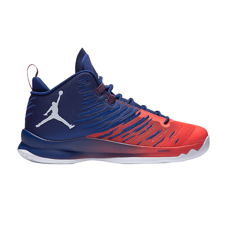 Air Jordan Super Fly 5 — medium red/navy blue/orange-white