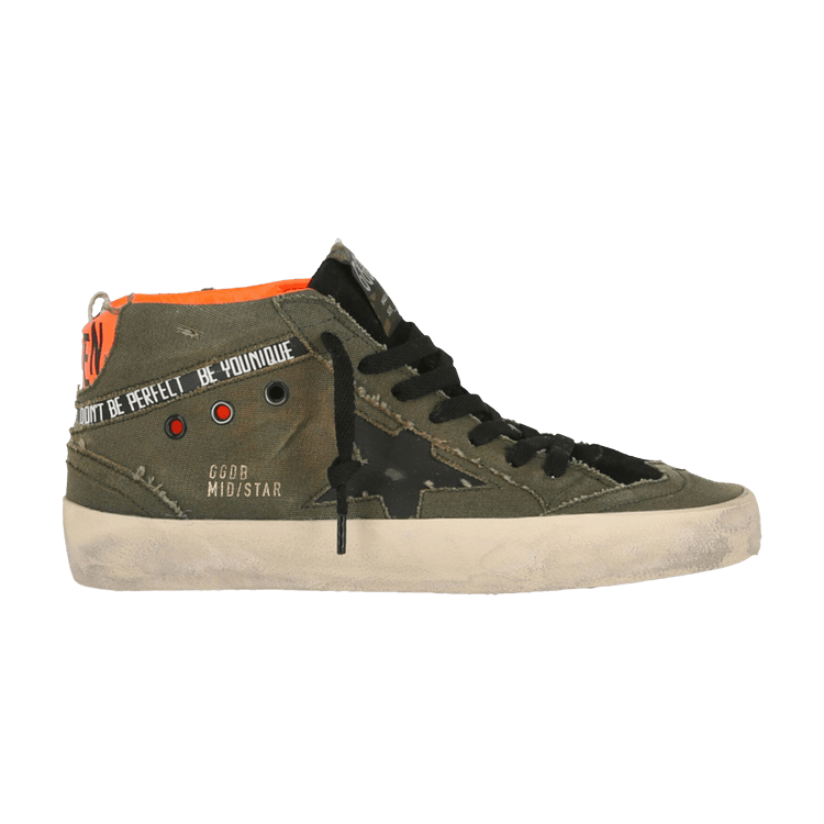 Golden Goose Mid Star Distressed High 'Don't Be Perfect, Be Younique' — Military Green/Fluorescent Orange/Black